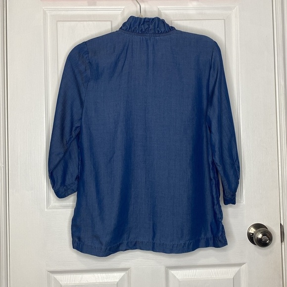 Crown & Ivy Blue Tencel Chambray Ruffle Neck Blouse Preppy Petite S - Picture 5 of 10